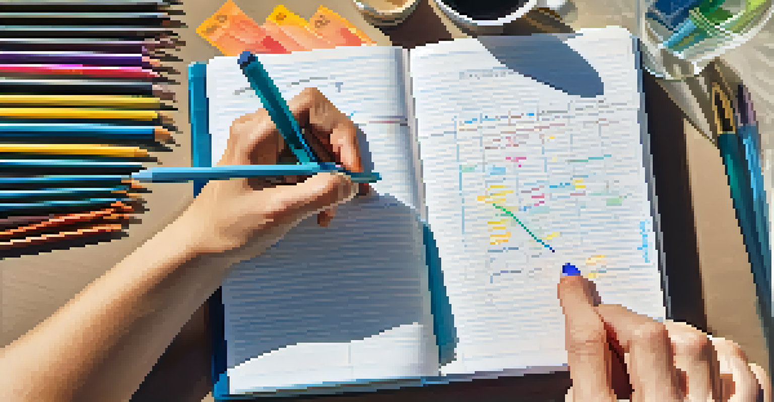 Close-up of hands writing in a financial planning notebook with colorful pens and a laptop on a desk, illuminated by natural light.