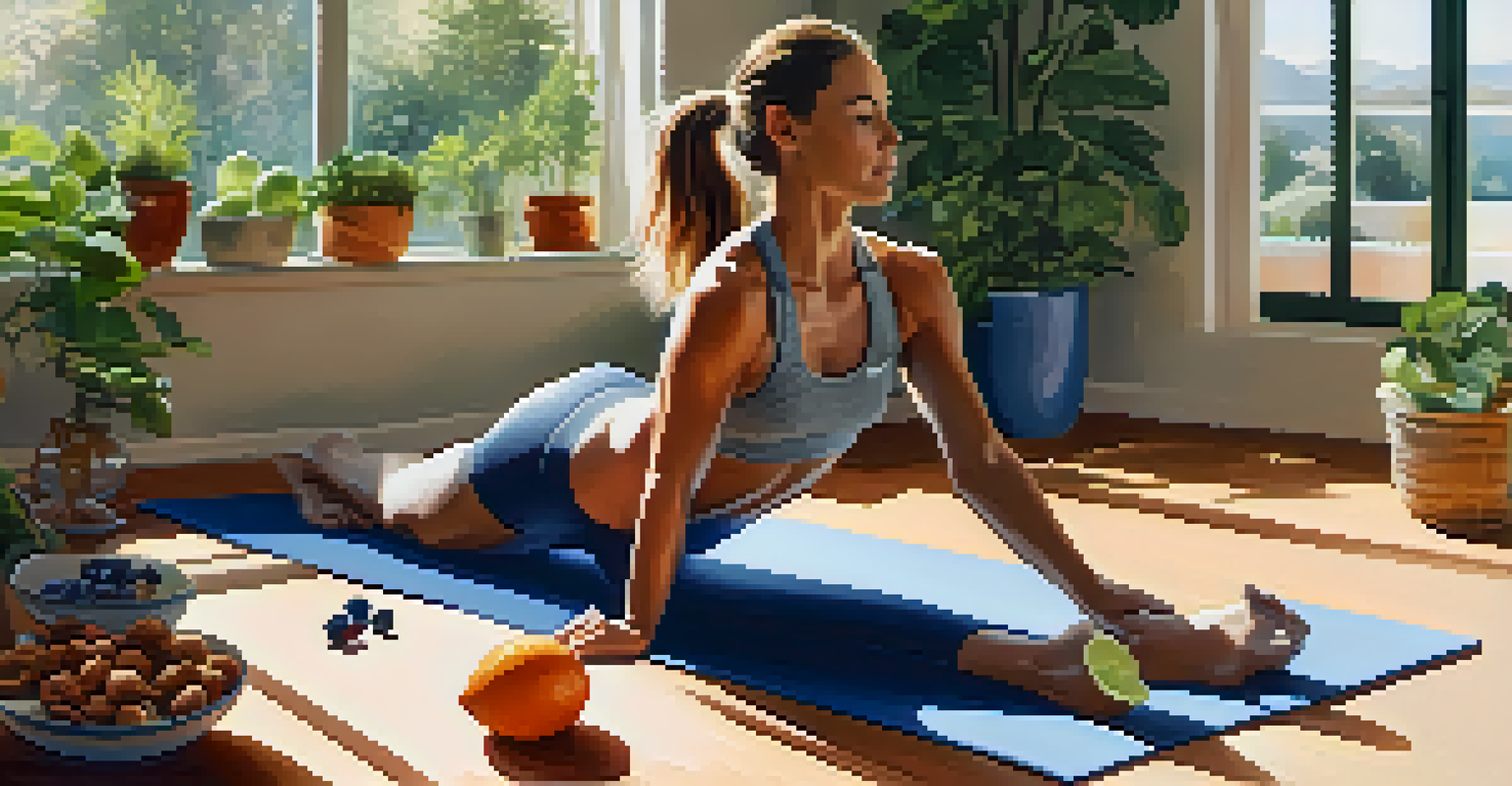 A person in workout attire stretching on a yoga mat surrounded by plants, water bottles, and a bowl of nuts and fruits, highlighting hydration and nutrition.