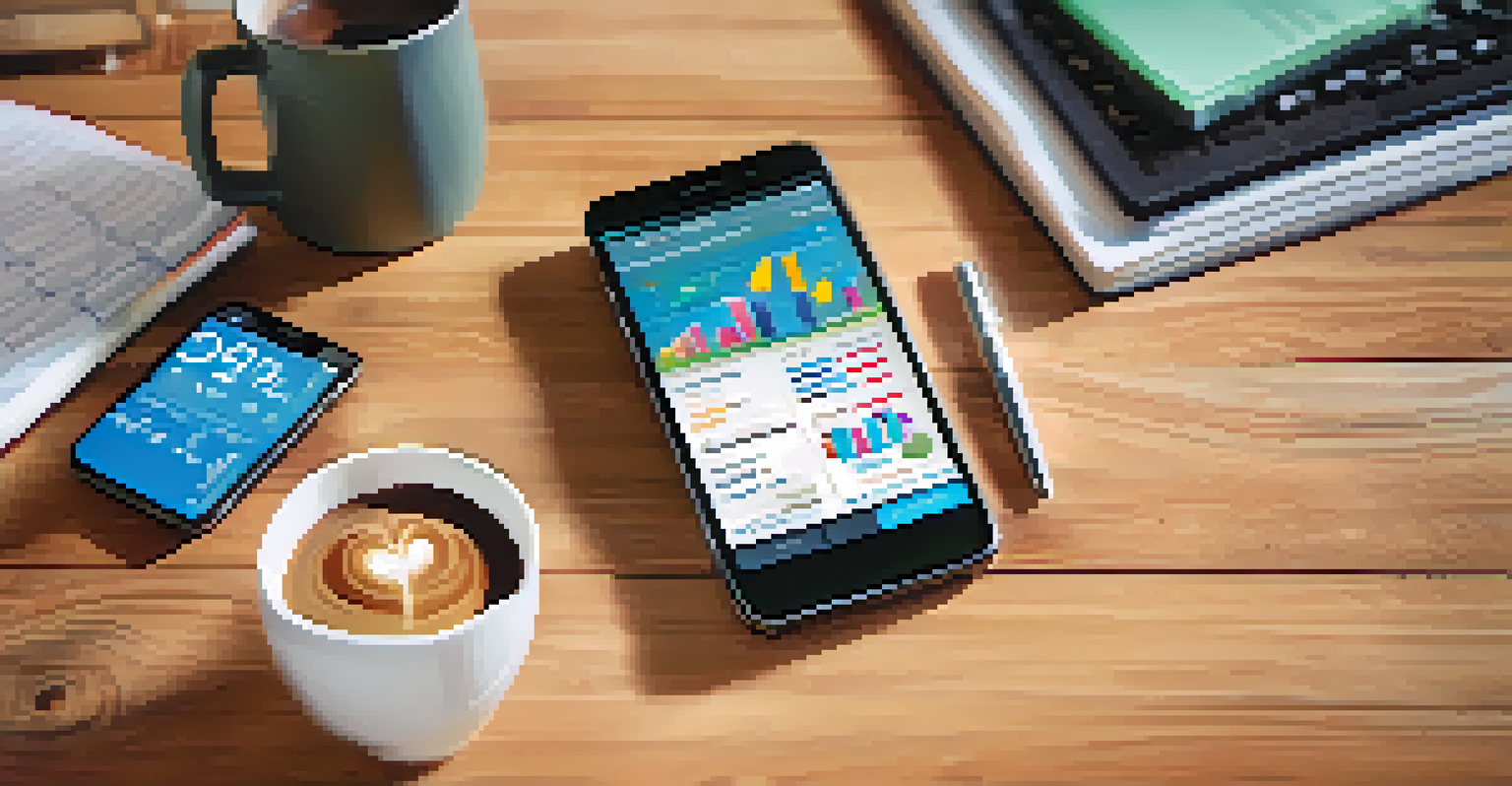 A close-up of a smartphone showing a budgeting app on a wooden table, with a notepad and a cup of coffee in the background.