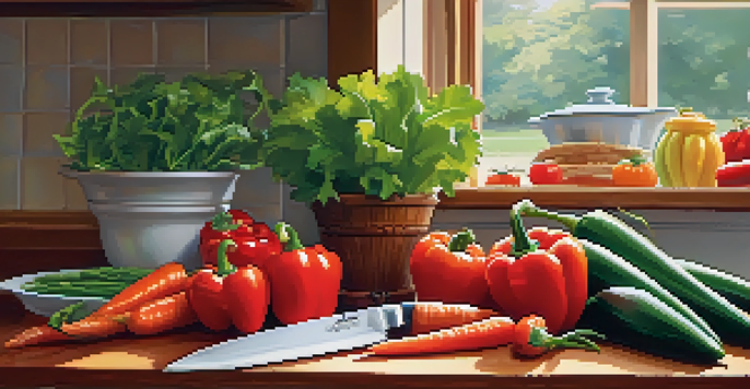 A kitchen countertop showcasing a set of sharp knives and a cutting board with colorful fresh vegetables, illuminated by soft sunlight.