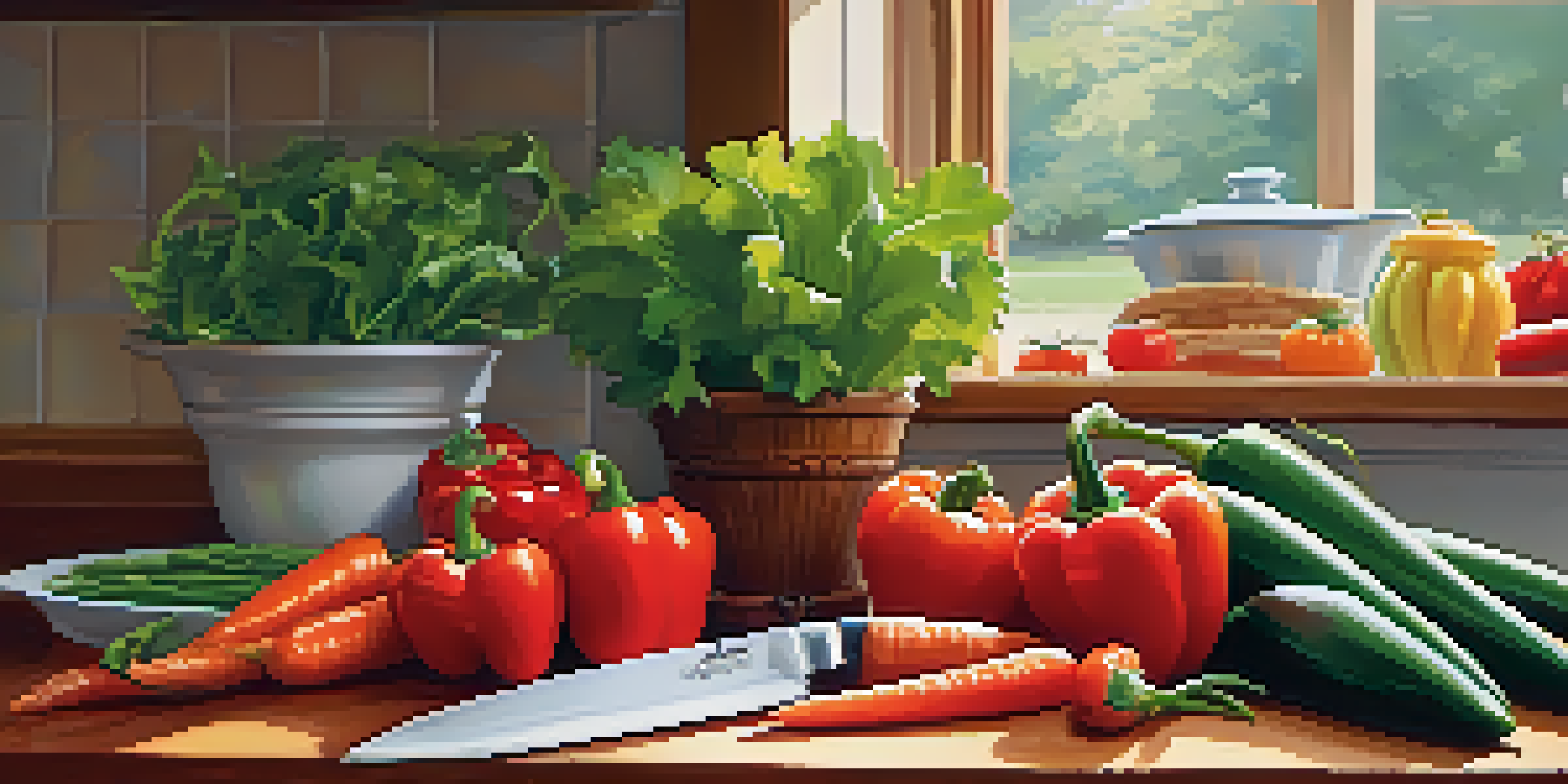 A kitchen countertop showcasing a set of sharp knives and a cutting board with colorful fresh vegetables, illuminated by soft sunlight.