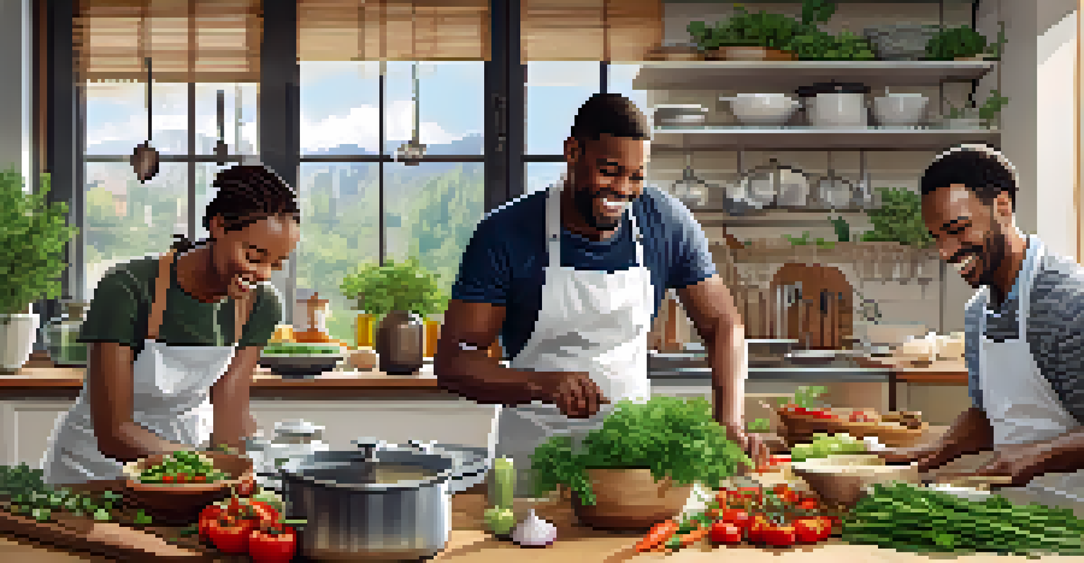 A community cooking class in a warm kitchen, featuring diverse people engaged in preparing a meal with local ingredients.
