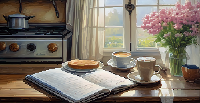 A cozy kitchen with morning light, a cup of coffee, fresh flowers, and an open notebook with affirmations.