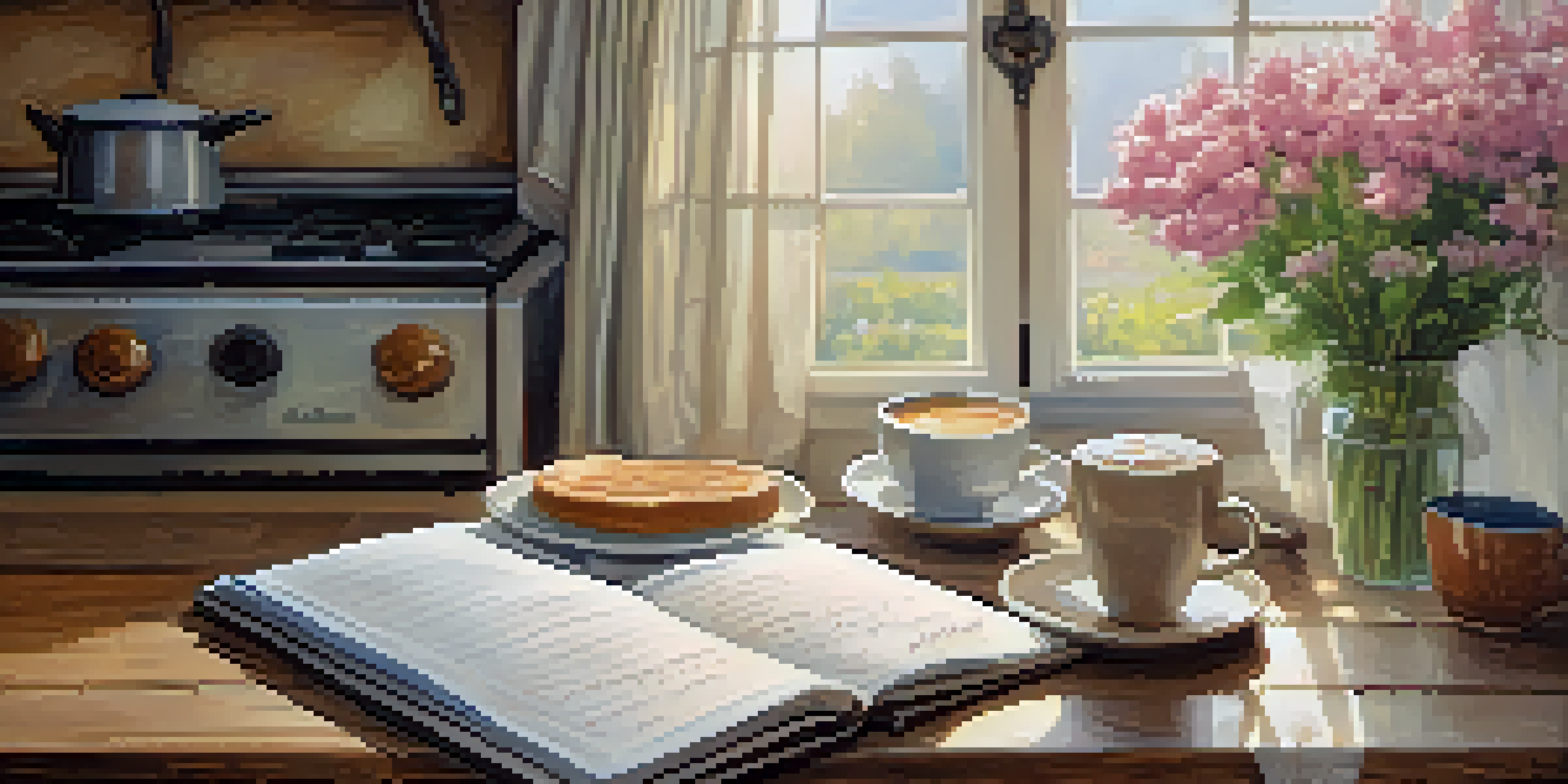 A cozy kitchen with morning light, a cup of coffee, fresh flowers, and an open notebook with affirmations.