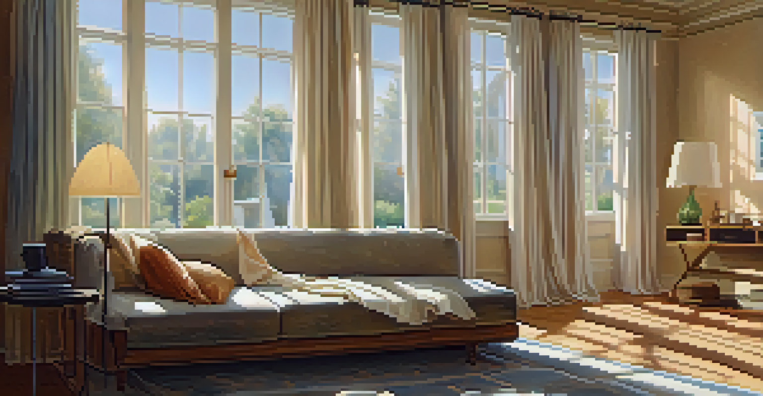 A person napping peacefully on a sofa, with natural light filtering through curtains, creating a calm atmosphere, and a nearby coffee table holding a glass of water and a notepad.