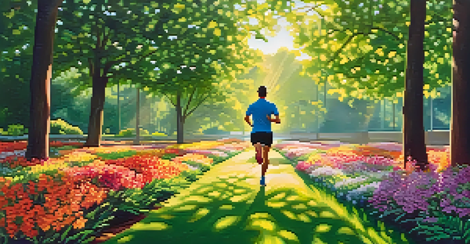 A jogger running in a colorful park during a sunny morning, surrounded by flowers and trees, with sunlight filtering through the leaves.