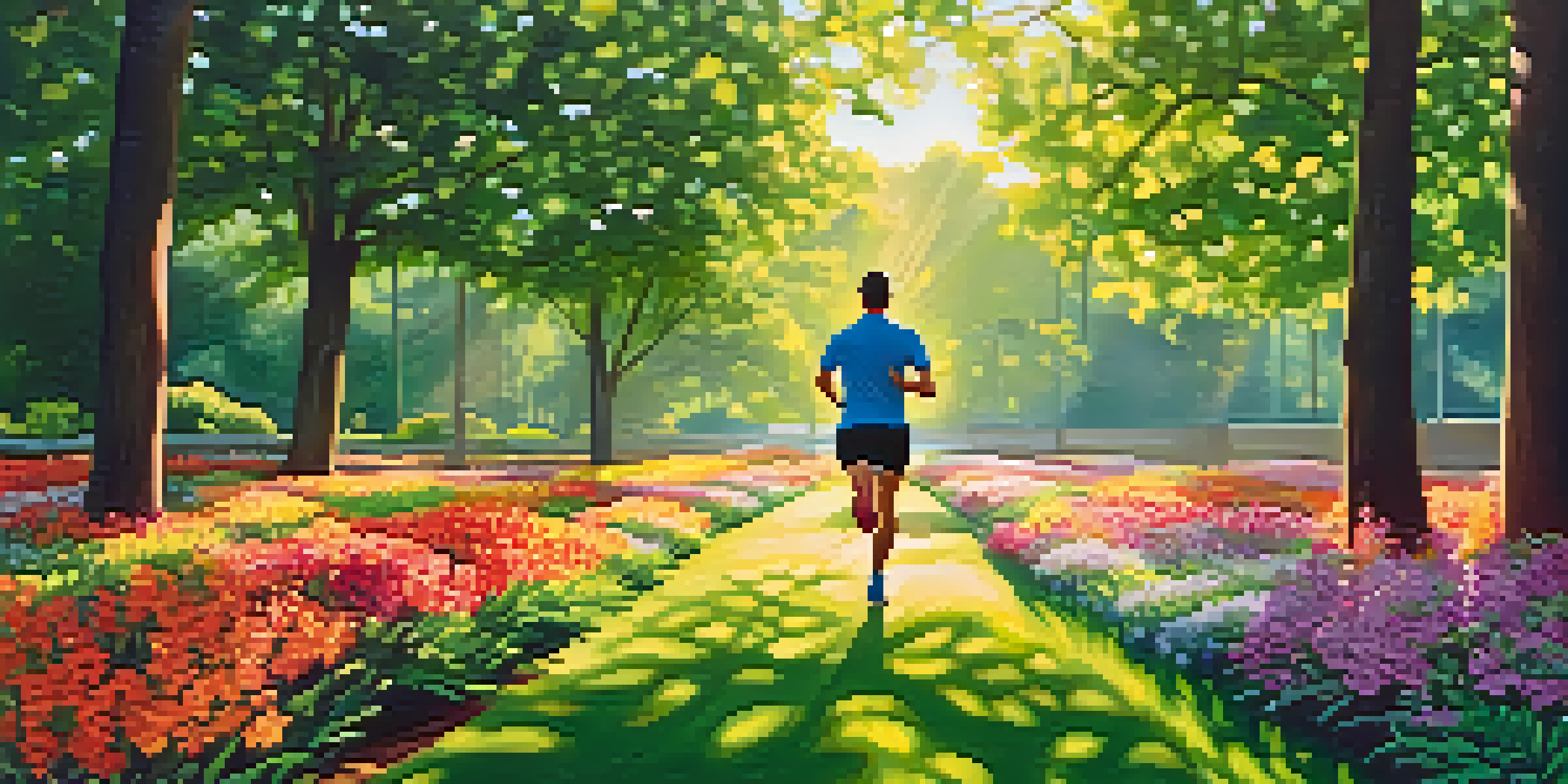 A jogger running in a colorful park during a sunny morning, surrounded by flowers and trees, with sunlight filtering through the leaves.