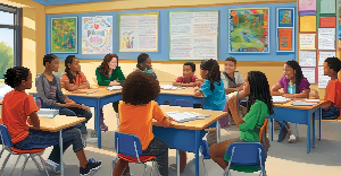 A bright classroom with students discussing in a supportive circle, creating a positive and inclusive environment.