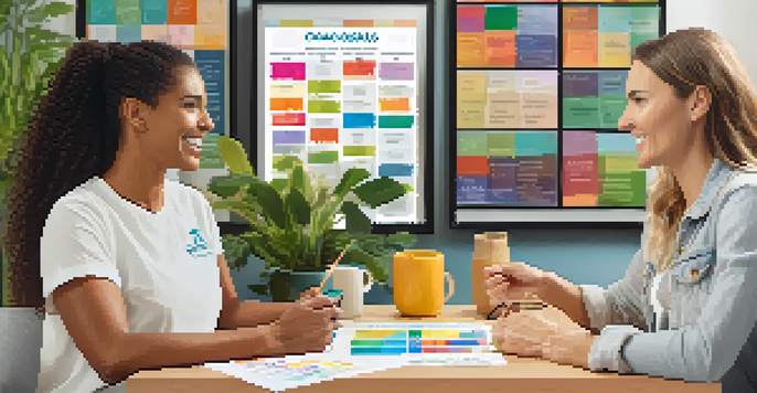 A health coach and a client in a cozy office, discussing a personalized wellness plan with charts and plants in the background.