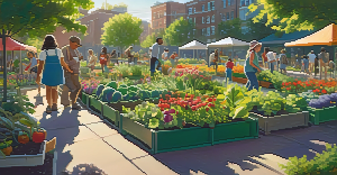 A lively community garden featuring diverse people collaborating, surrounded by blooming flowers and vegetables under warm sunlight.