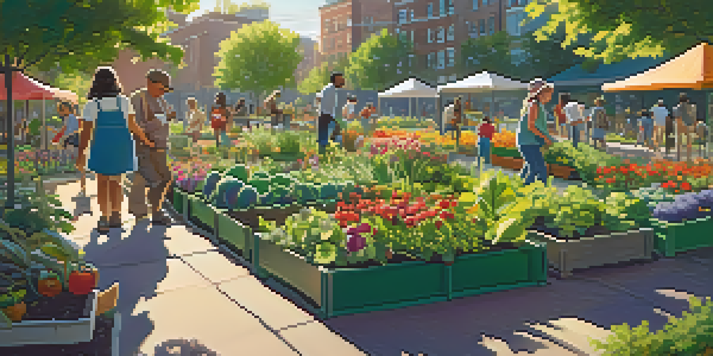 A lively community garden featuring diverse people collaborating, surrounded by blooming flowers and vegetables under warm sunlight.