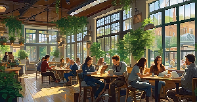 A warm and inviting coffee shop with sunlight filtering through windows, featuring diverse groups of people interacting and surrounded by greenery.