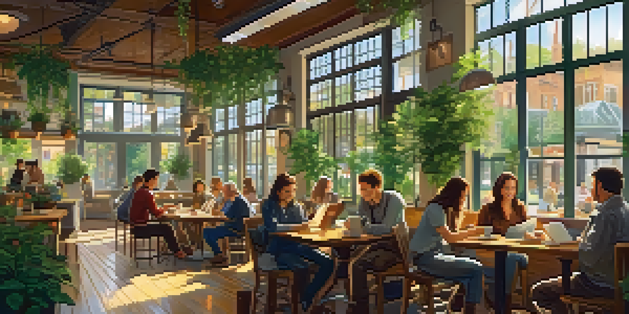 A warm and inviting coffee shop with sunlight filtering through windows, featuring diverse groups of people interacting and surrounded by greenery.