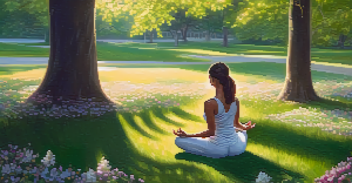 A person doing yoga in a peaceful park at sunrise, surrounded by flowers and trees.
