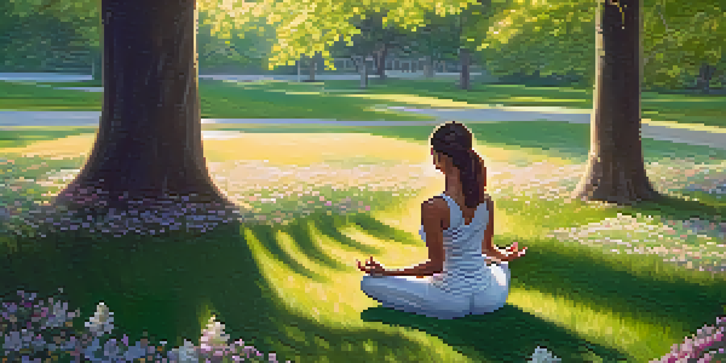 A person doing yoga in a peaceful park at sunrise, surrounded by flowers and trees.