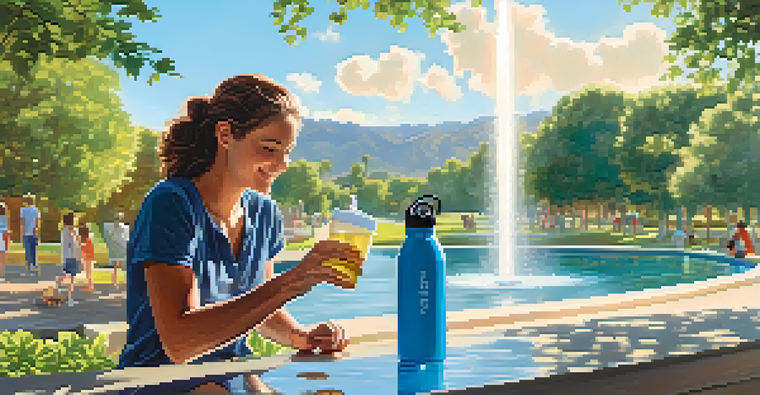 A person filling a water bottle at a fountain surrounded by greenery and a blue sky, promoting hydration.