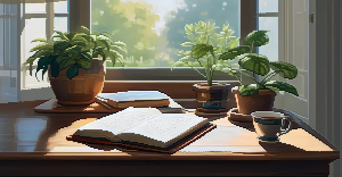 A cozy workspace with a wooden desk, an open journal, a fountain pen, and a steaming cup of tea, illuminated by soft morning light.