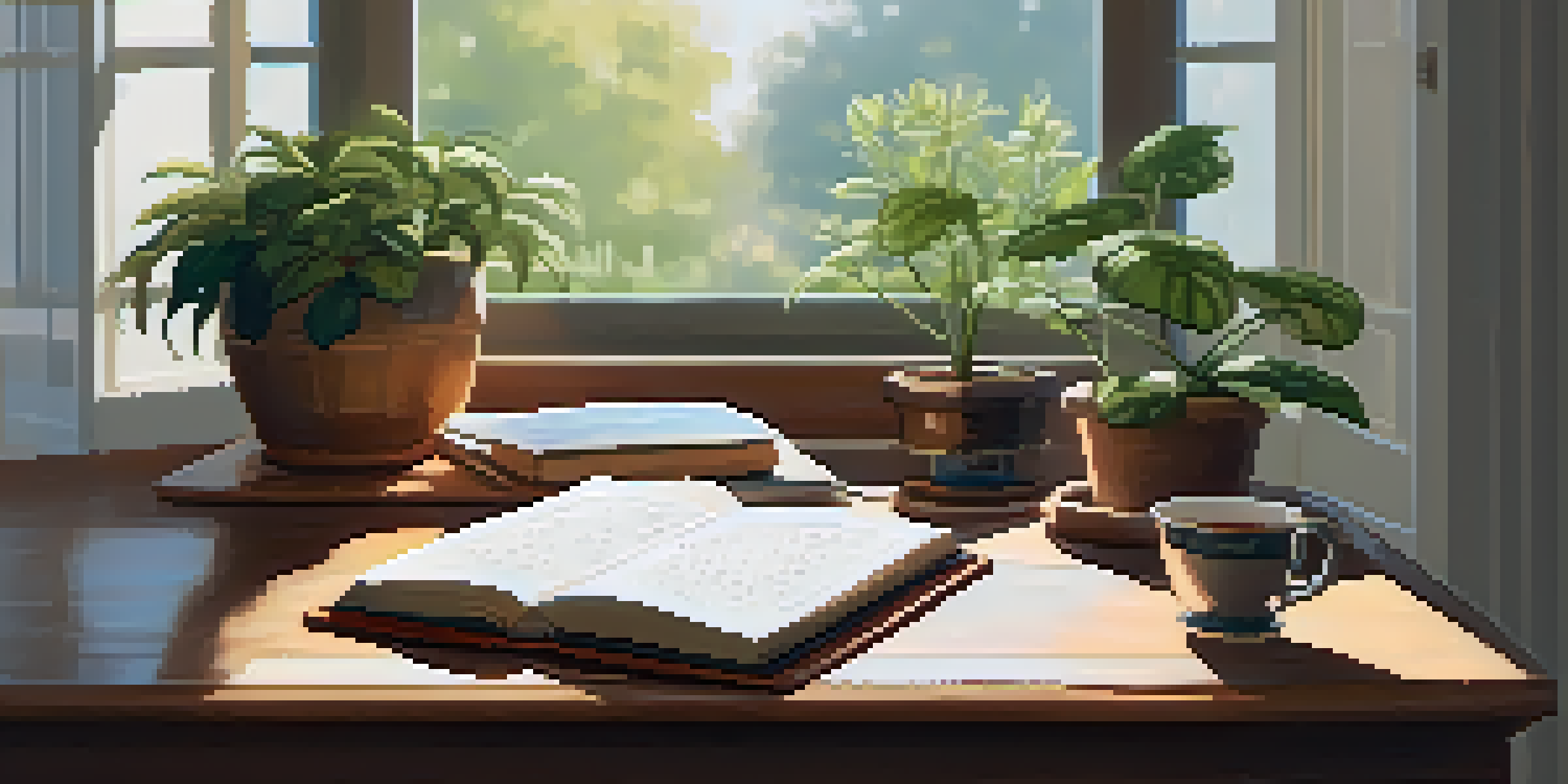A cozy workspace with a wooden desk, an open journal, a fountain pen, and a steaming cup of tea, illuminated by soft morning light.