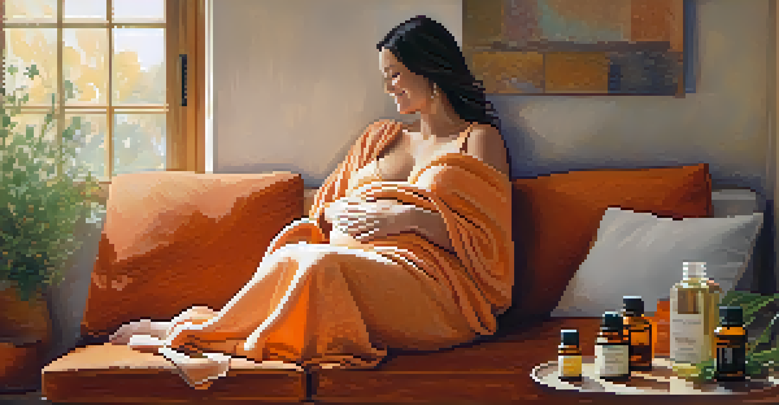 A pregnant woman smiling while holding essential oils on a sofa, with a warm blanket and soft lighting around her.