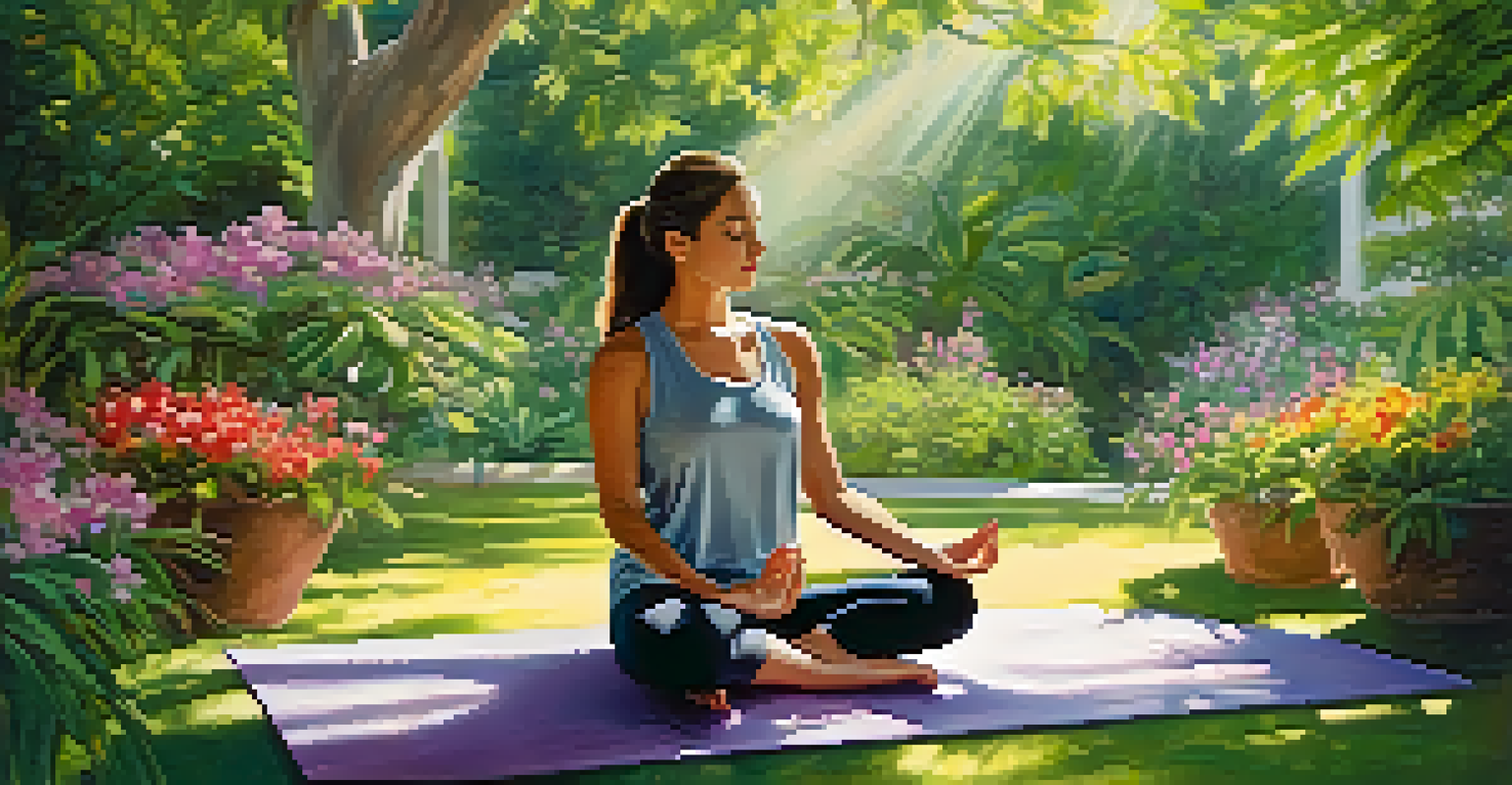 A person meditating in a beautiful garden surrounded by greenery and flowers.