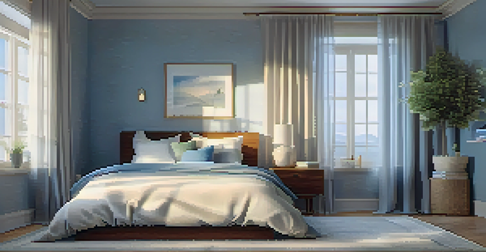 A cozy bedroom with soft lighting, a neatly made bed, and a bedside table with a plant and a book, evoking a tranquil atmosphere.