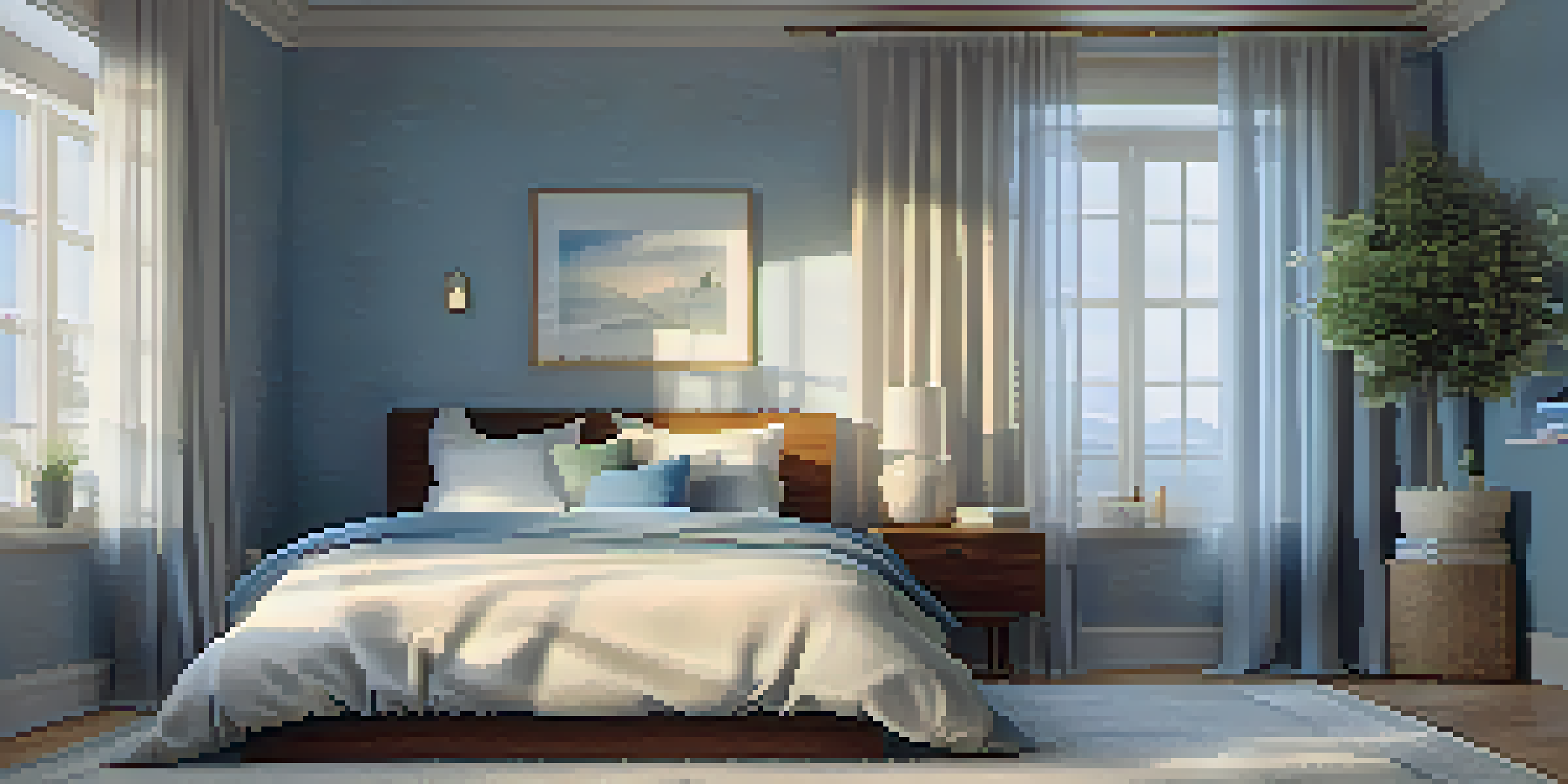A cozy bedroom with soft lighting, a neatly made bed, and a bedside table with a plant and a book, evoking a tranquil atmosphere.