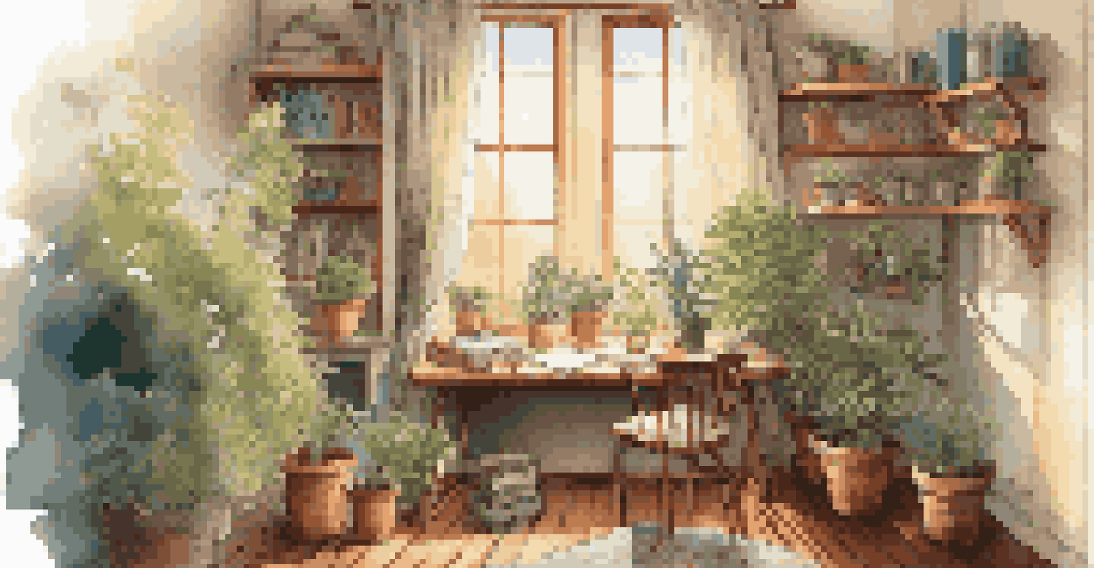 A bright, inviting room with a writing desk, open journal, pens, and a cup of tea, surrounded by plants and sunlight.