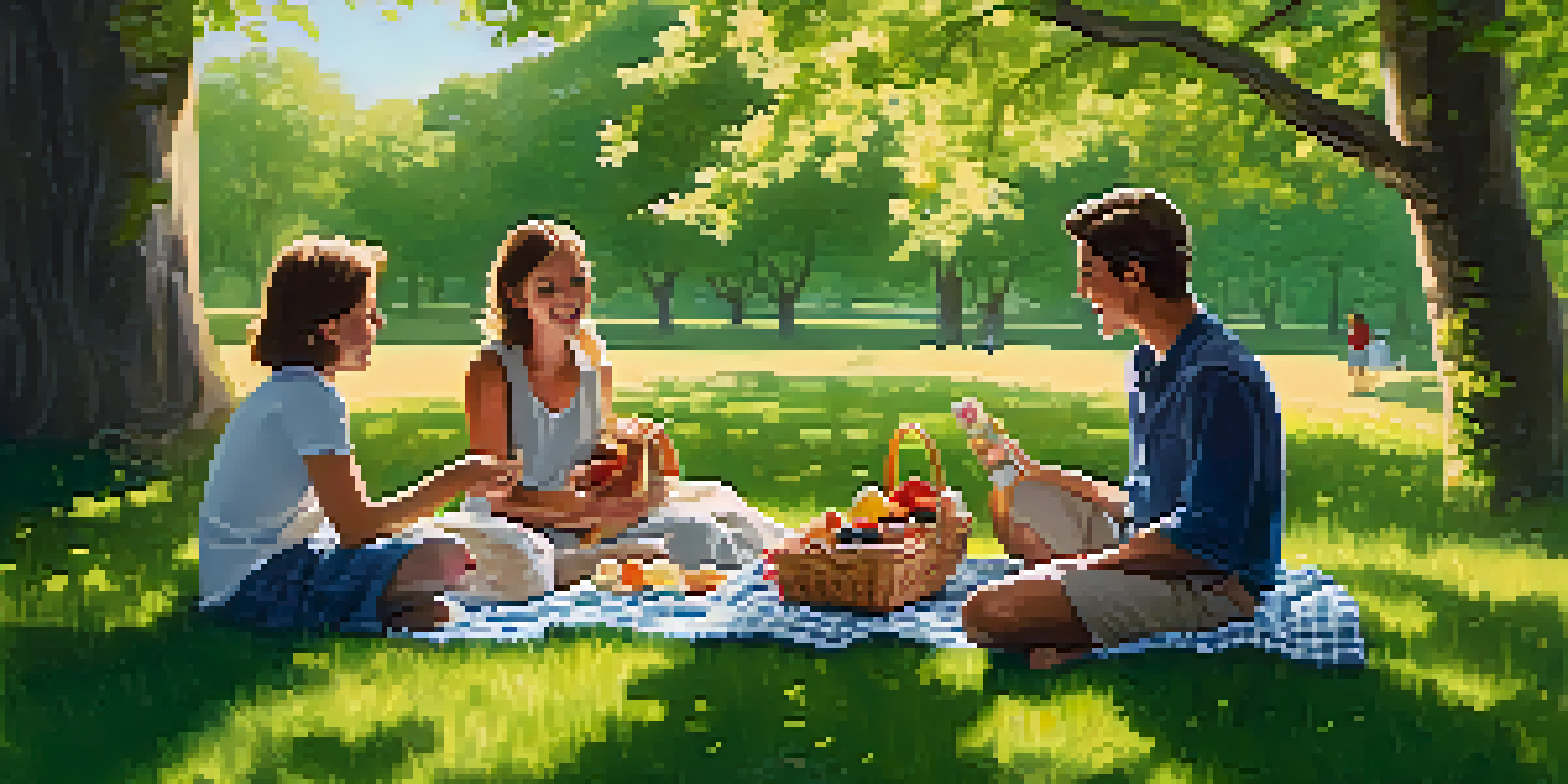 A diverse family having a picnic in a sunny park, surrounded by greenery and flowers.