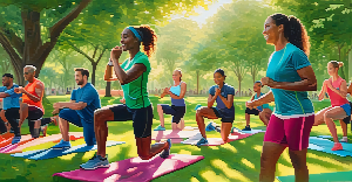 A diverse group participating in a fitness coaching session in a sunny park, led by a supportive coach.