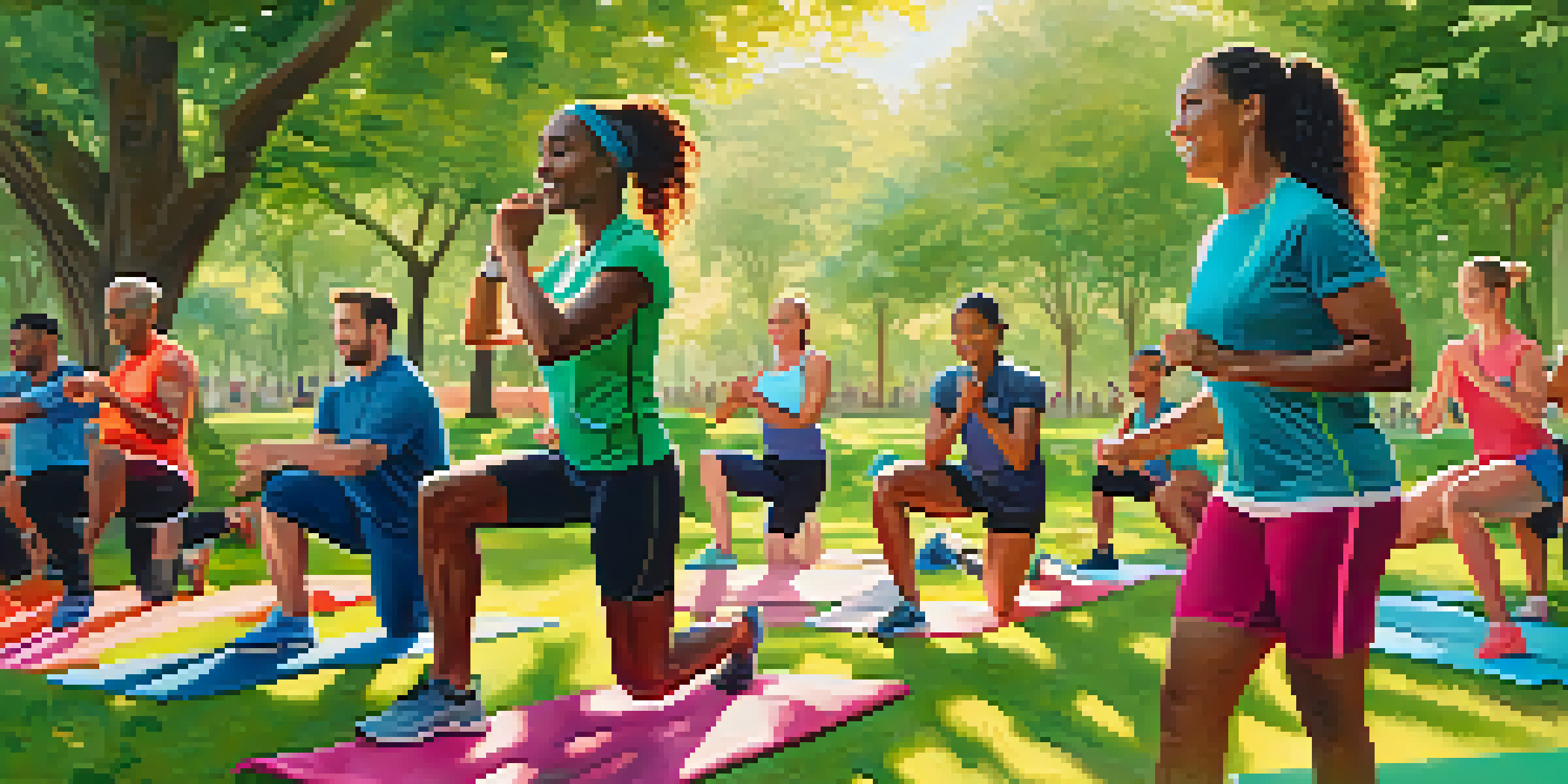 A diverse group participating in a fitness coaching session in a sunny park, led by a supportive coach.