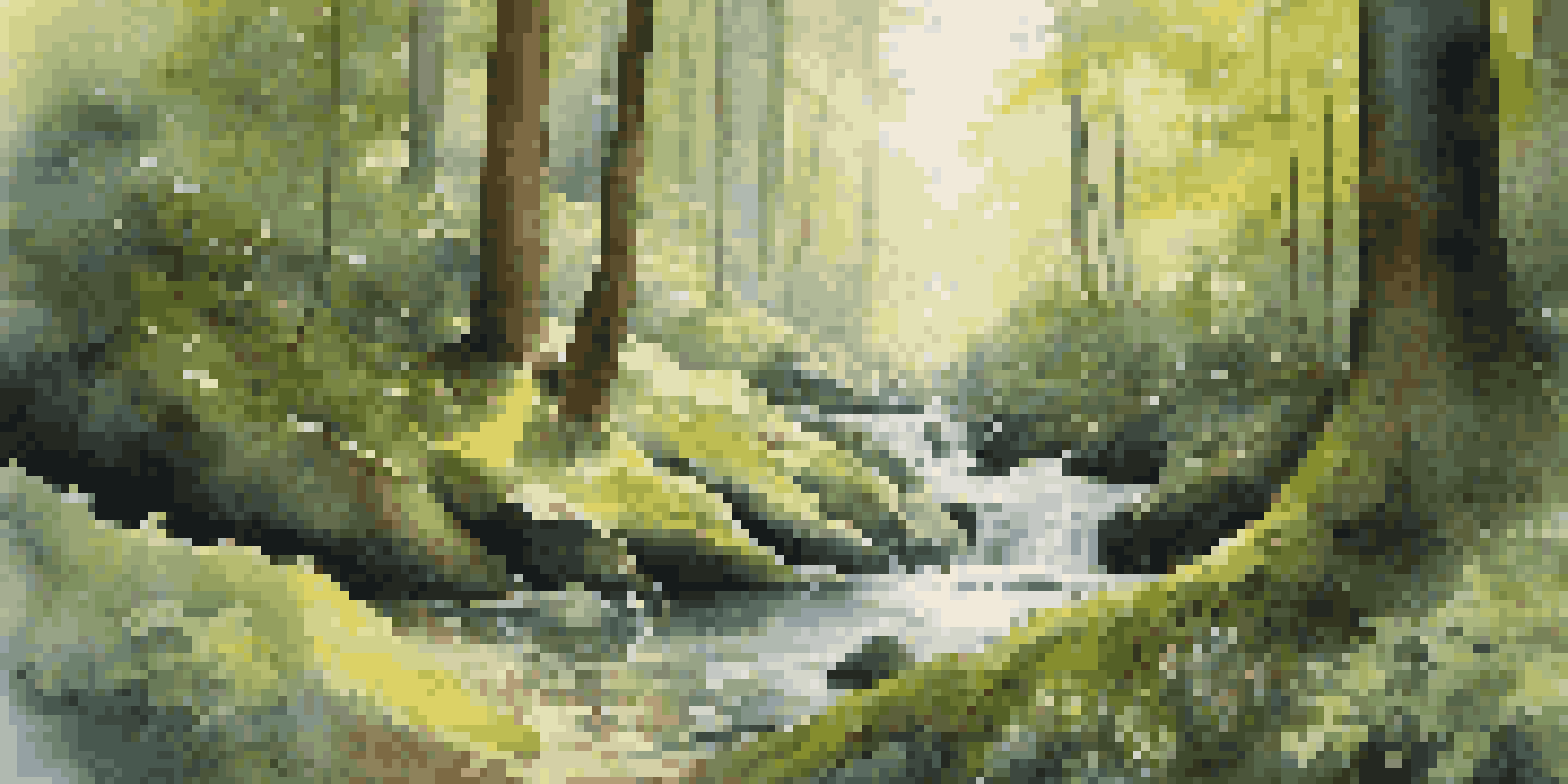 A person meditating in a peaceful forest, surrounded by wildflowers and flowing water, with sunlight filtering through the trees.