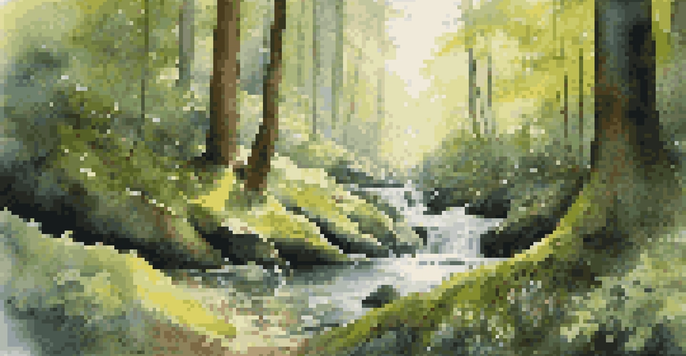 A person meditating in a peaceful forest, surrounded by wildflowers and flowing water, with sunlight filtering through the trees.