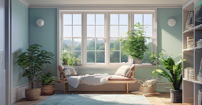 A calm and inviting reading nook in a minimalist room, featuring a cozy chair, a throw blanket, and a cup of tea, with natural light flowing in from a window and plants around.