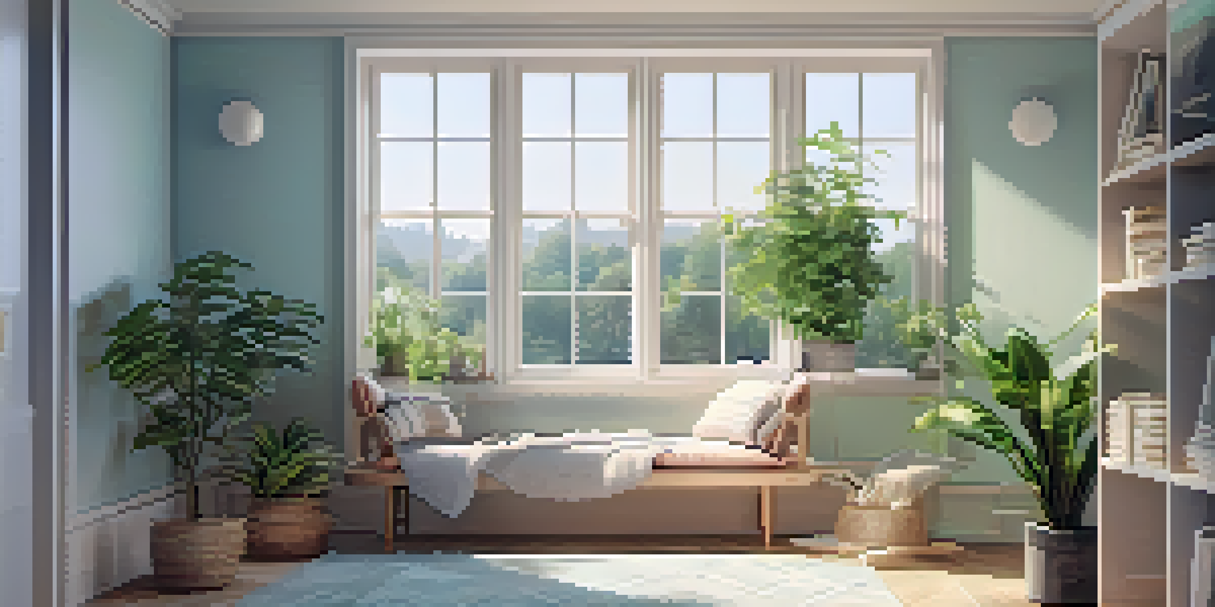 A calm and inviting reading nook in a minimalist room, featuring a cozy chair, a throw blanket, and a cup of tea, with natural light flowing in from a window and plants around.