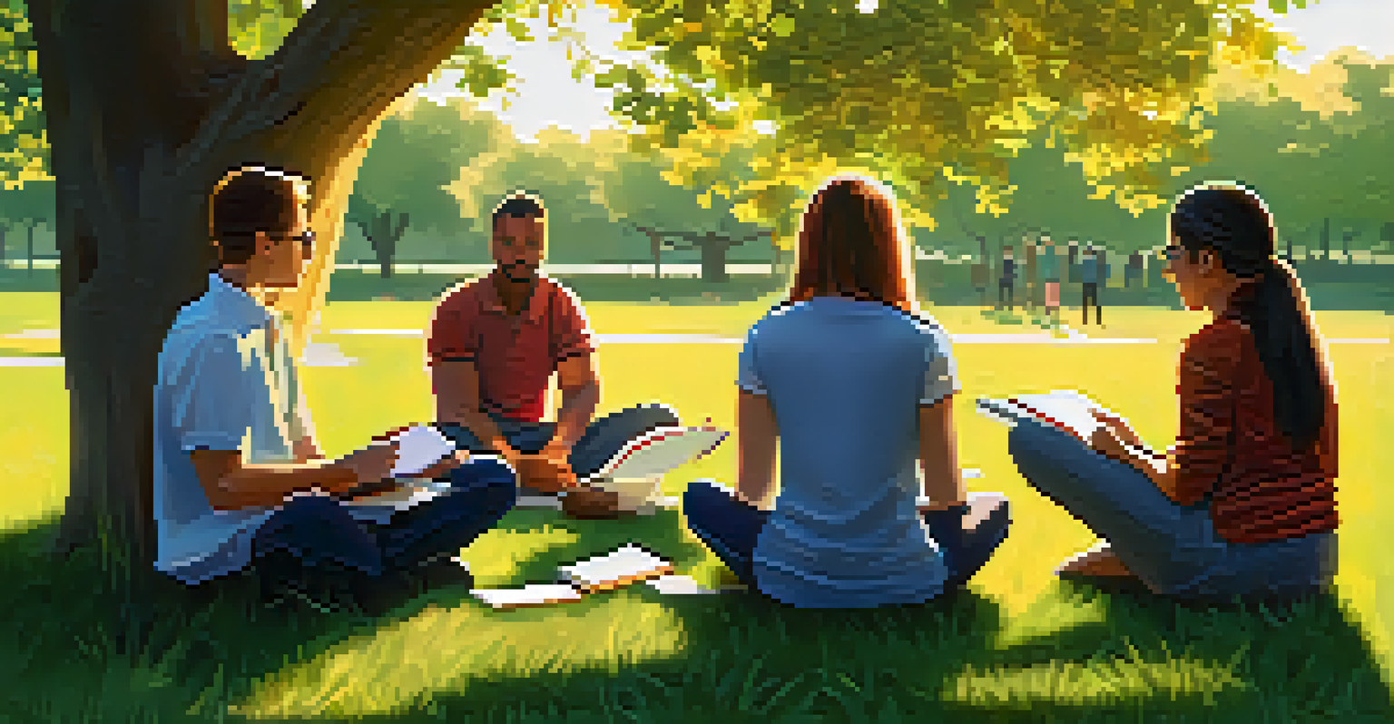 A diverse group of individuals in a support group sitting in a circle on a grassy field, sharing experiences about chronic pain.