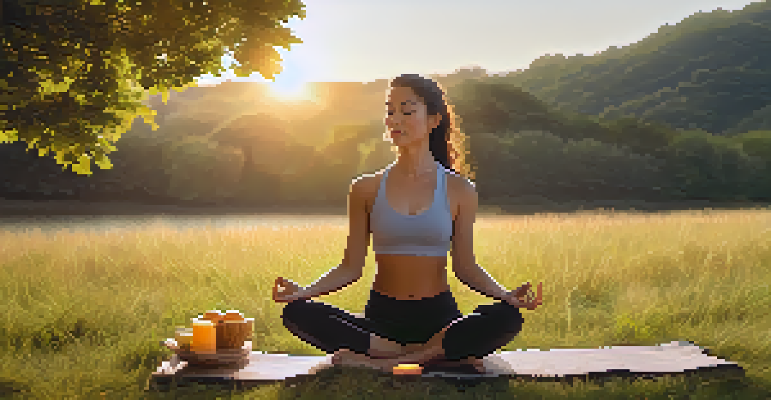 A woman practicing yoga in a peaceful outdoor setting with healthy snacks nearby.
