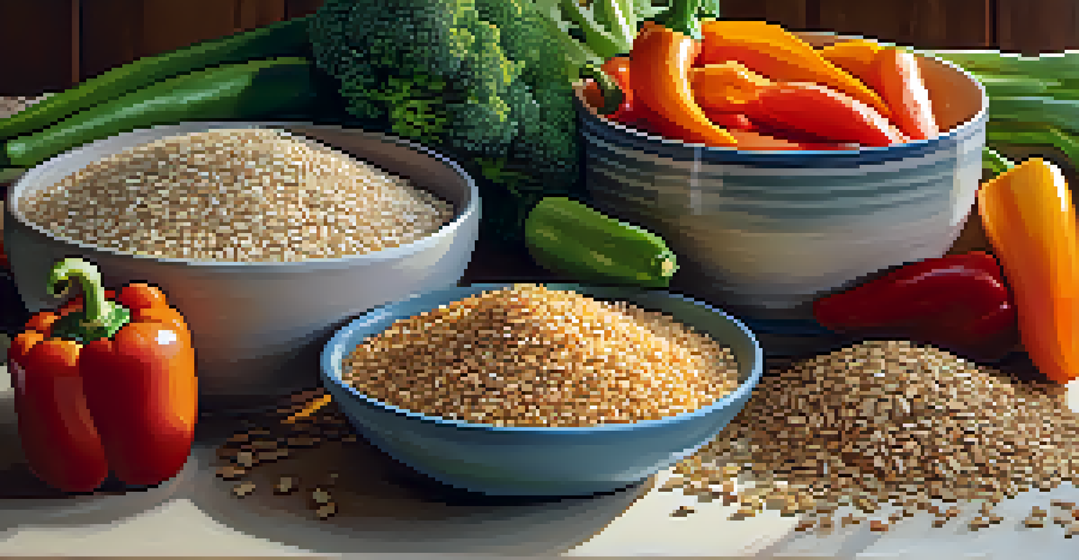 An arrangement of whole grains including quinoa, brown rice, and oats, with colorful vegetables like bell peppers and broccoli on a wooden kitchen counter, illuminated by sunlight.