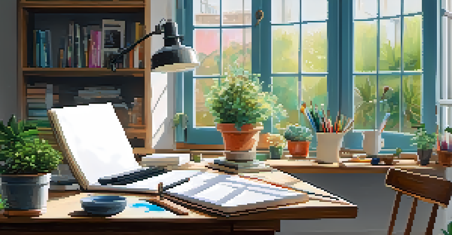 A bright and inviting creative workspace with a wooden table, art supplies, a sketchbook, and a view of a vibrant garden outside the window.