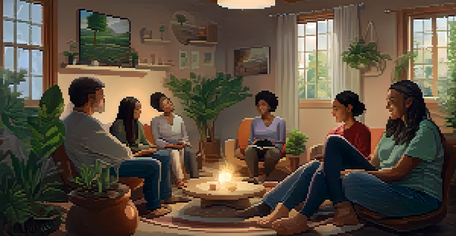A group of people sitting in a circle in a warmly lit room, participating in a therapy session, showing expressions of support and understanding.