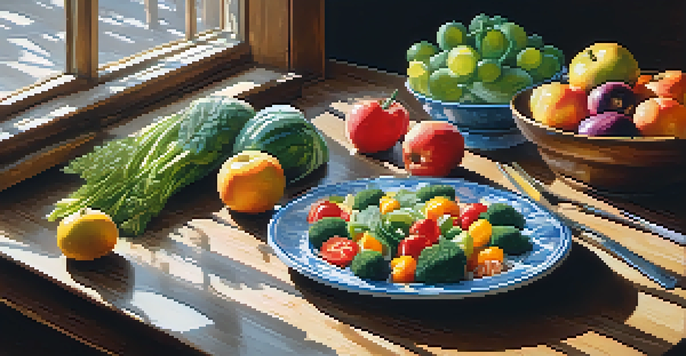 A dining table beautifully set with fresh fruits and vegetables, illuminated by natural light, with hands ready to enjoy a meal.