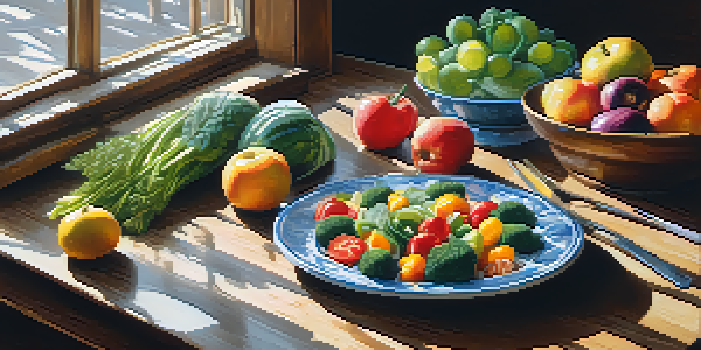 A dining table beautifully set with fresh fruits and vegetables, illuminated by natural light, with hands ready to enjoy a meal.