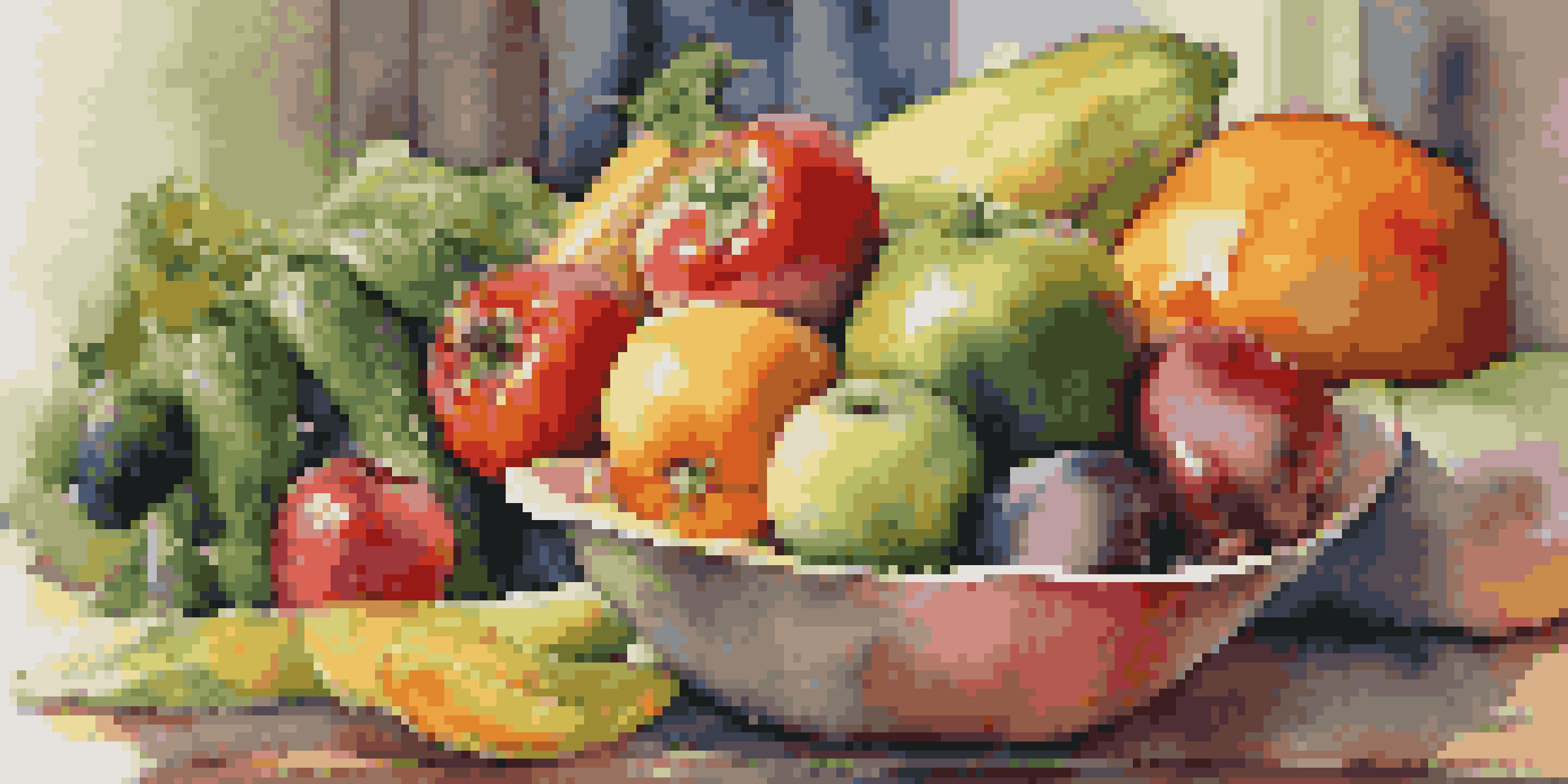 A vibrant plate filled with an assortment of fresh fruits and vegetables in an inviting kitchen setting.