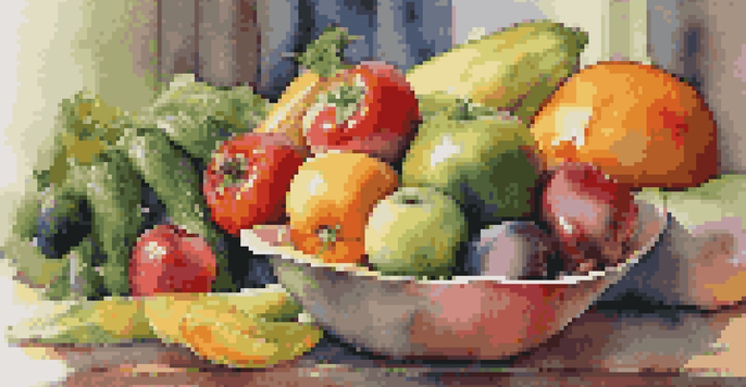 A vibrant plate filled with an assortment of fresh fruits and vegetables in an inviting kitchen setting.