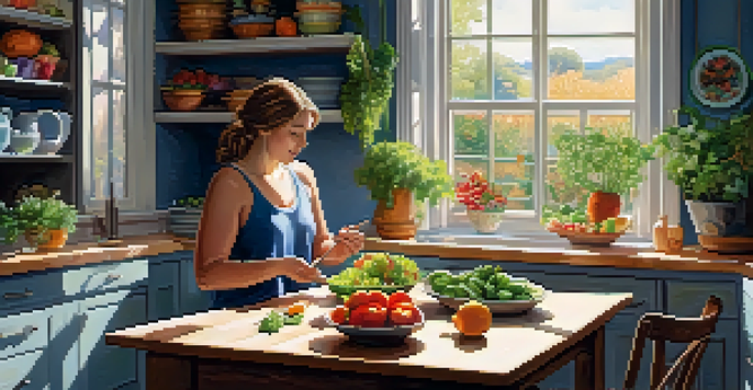 A person sitting at a table in a kitchen, enjoying a healthy meal with a focus on mindful eating. Natural light illuminates the scene.