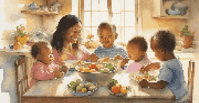 A group of smiling infants in high chairs being fed nutritious solid foods in a bright, warm kitchen.