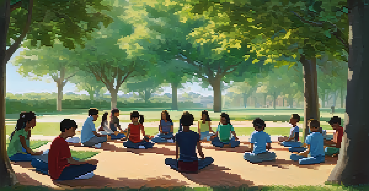 Students practicing mindfulness activities in a sunny school yard under the shade of trees.