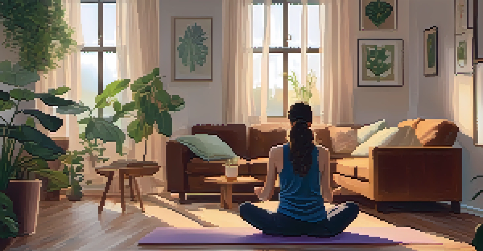 A person practicing mindfulness in a cozy living room, seated cross-legged with a calm expression, surrounded by soft lighting and plants.