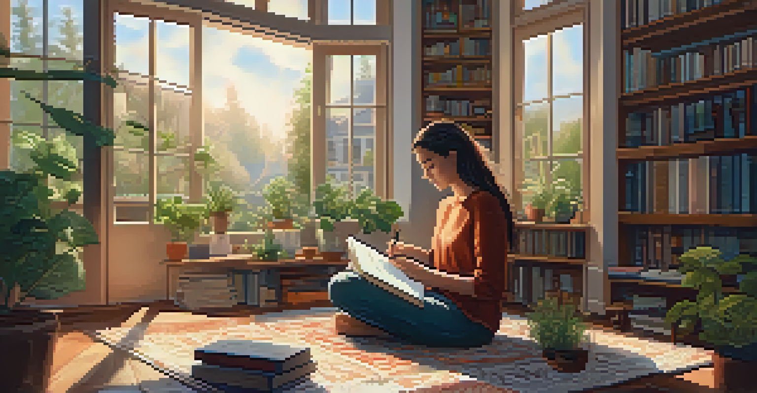 A person journaling on a rug in a cozy room filled with plants and books, with a cup of tea nearby.
