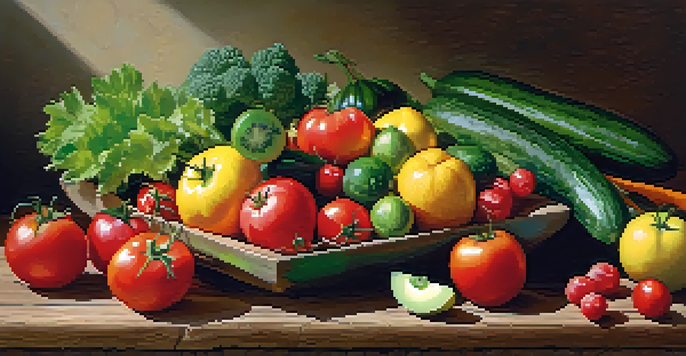 A vibrant bowl filled with various colorful fruits and vegetables on a wooden table, illuminated by soft natural light.