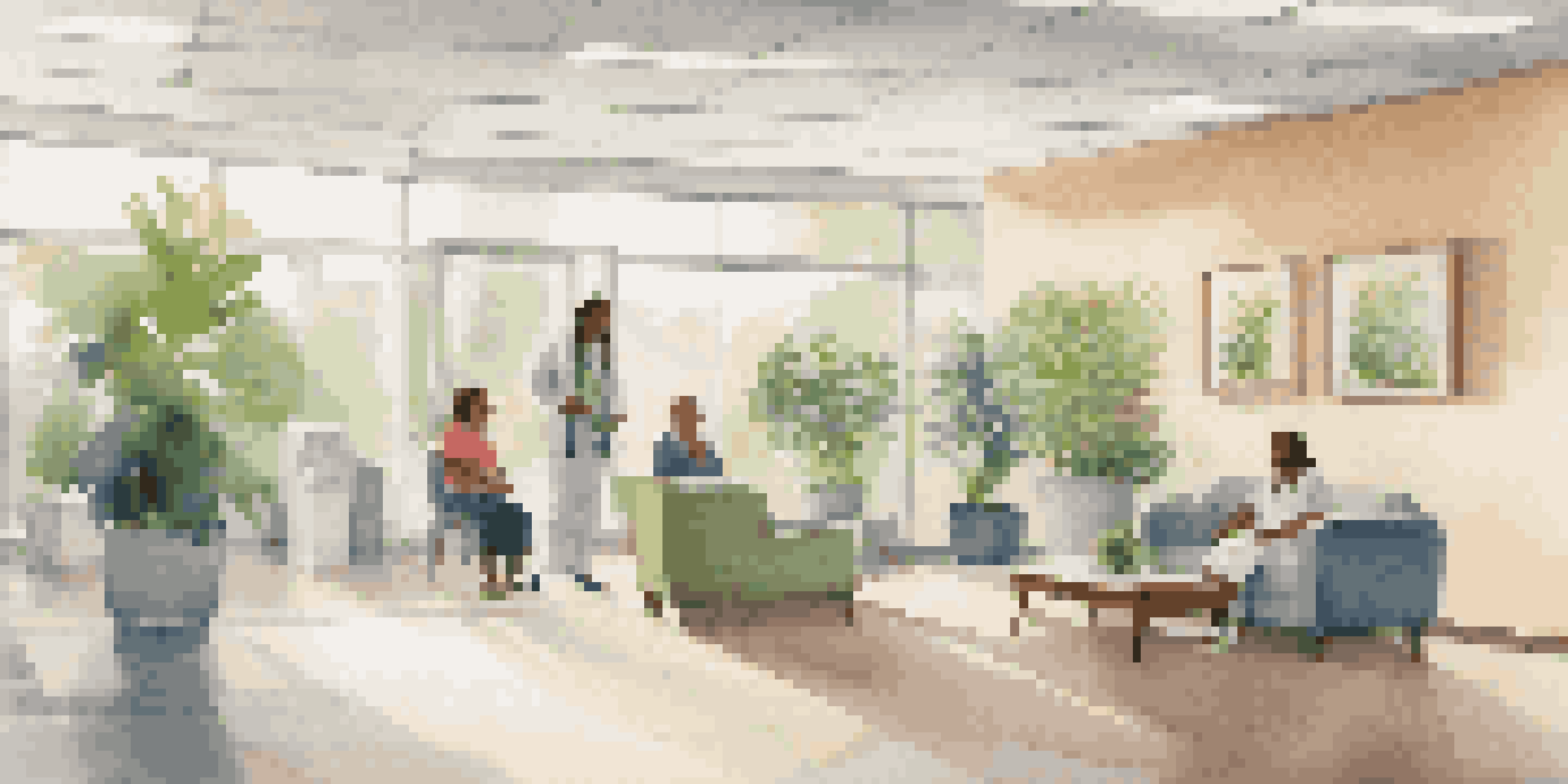 A welcoming medical clinic with a friendly healthcare provider and a patient at the reception, surrounded by plants and natural lighting.